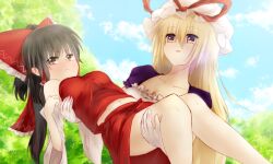  2girls black_hair blonde_hair bow brown_eyes carrying commentary_request detached_sleeves dqn_(dqnww) hair_tubes hairbow hakurei_reimu hat long_hair midriff_peek multiple_girls navel princess_carry scowl shirt skirt skirt_set taut_clothes taut_shirt touhou yakumo_yukari yellow_eyes 