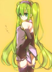  bad_id bad_pixiv_id detached_sleeves eruria female garter_straps green_eyes green_hair hatsune_miku long_hair looking_back no_pants simple_background solo thighhighs twintails very_long_hair vocaloid 