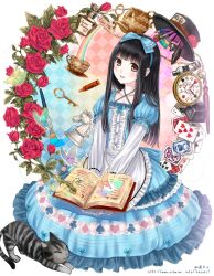  alice_(alice_in_wonderland) alice_in_wonderland apron argyle_background artist_name bad_id bad_pixiv_id black_hair blue_dress blush book bow brown_eyes bug butterfly card chess_piece club_(shape) commentary_request crayon cup diamond_(shape) dress english_text feline female flower hairbow halterneck hat heart holding holding_book kazuharu_kina key lolita_fashion md5_mismatch original pencil pendant_watch playing_card playing_card_theme rainbow red_flower red_rose resolution_mismatch rook_(chess) rose sitting smile solo source_larger spade_(shape) teacup teapot watch watermark web_address 