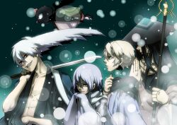  3boys bird_boy black_hair commentary_request disembodied_head female green_background grin hat highres karasu_tengu_(nurarihyon_no_mago) kubinashi kurotabou long_hair multiple_boys nun_(arizon) nura_rikuo nurarihyon_no_mago profile smile staff sword weapon white_hair yuki_onna_(nurarihyon_no_mago) 