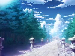  aoha_(twintail) cloud commentary_request day forest gensokyo myouren_temple nature no_humans outdoors path perspective photoshop_(medium) road scenery sky stone_lantern temple touhou tree vanishing_point 