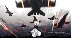  aircraft airplane apron arm_up arufa_(hourai-sugar) battlefield_(series) battlefield_3 blonde_hair blue_eyes blush braid commentary_request f-18_hornet f/a-18e_super_hornet female fighter_jet hat jet kirisame_marisa long_hair military military_vehicle parody photoshop_(medium) ribbon skirt sky solo touhou witch_hat 