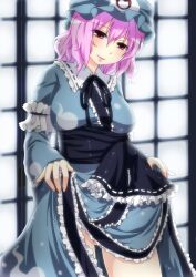  bad_id bad_pixiv_id blush breasts clothes_lift female geike hat highres japanese_clothes kimono kimono_lift medium_breasts obi purple_eyes purple_hair saigyouji_yuyuko sash short_hair solo touhou triangular_headpiece 