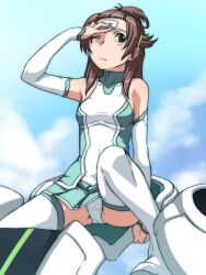  :&lt; bare_shoulders blue_sky boots brown_eyes brown_hair cameltoe cloud cockpit commentary_request day detached_sleeves female hair_ornament hair_up hairclip halterneck kyouno_madoka panties pantyshot patch pleated_skirt rinne_no_lagrange sitting skirt sky solo spread_legs tabigarasu thigh_boots thighhighs underwear upskirt white_panties white_thighhighs wince 