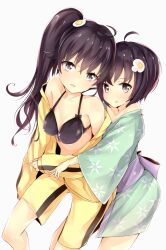  2girls araragi_karen araragi_tsukihi bakemonogatari black_hair commentary_request egg_(food) egg_hair_ornament food food-themed_hair_ornament fried_egg hair_ornament japanese_clothes kimono kojiki-life long_hair looking_at_viewer monogatari_(series) multiple_girls nisemonogatari siblings side_ponytail sisters 