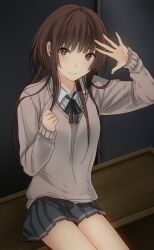  3u amagami bad_id bad_pixiv_id brown_eyes brown_hair female grey_skirt kamizaki_risa kibito_high_school_uniform long_hair long_sleeves pleated_skirt school_uniform sitting skirt smile solo sweater 