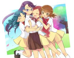  4girls ^_^ blue_hair brown_eyes brown_hair cherry_blossoms closed_eyes commentary_request dress eyelashes glasses hanasaki_tsubomi heartcatch_precure! hug kurumi_erika long_hair multiple_girls myoudou_gakuen_high_school_uniform myoudou_gakuen_middle_school_uniform myoudouin_itsuki oota pink_hair precure purple_eyes purple_hair red_hair school_uniform short_hair skirt smile tree tsukikage_yuri 