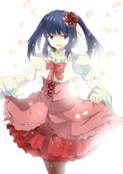  bad_id bad_pixiv_id black_pantyhose blue_eyes blue_hair bow choker curtsey female flower furudo_erika hair_flower hair_ornament pantyhose petals pink_bow pun2 shirt skirt skirt_hold smile solo twintails umineko_no_naku_koro_ni 