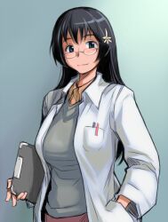  aged_up bespectacled black_hair blue_eyes breasts clipboard commentary_request female flower glasses gradient_background hair_flower hair_ornament hand_in_pocket lab_coat large_breasts long_hair pen saten_ruiko scientist smile solo toaru_kagaku_no_railgun toaru_majutsu_no_index tsuda_nanafushi 