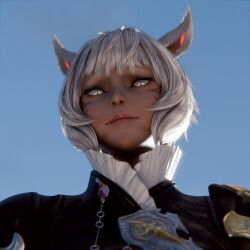  3d clothed ffxiv final_fantasy final_fantasy_xiv glowing_eyes looking_at_viewer looking_down looking_down_at_viewer miqo&#039;te smiling stare tipsynd white_hair y&#039;shtola 