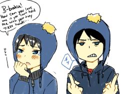  black_hair blush craig craig_tucker dual_persona earflap_hat happy hat hat_pompom kataro lowres middle_finger south_park tears tsundere 