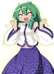  bad_id bad_pixiv_id blush closed_eyes detached_sleeves female frog green_hair hair_ornament hair_tubes kochiya_sanae long_hair miyako_hito open_mouth photoshop_(medium) skirt smile snake solo touhou 