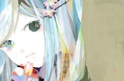  abstract aqua_hair commentary_request female flower hair_flower hair_ornament head_tilt long_hair mochikin_(jijijin) original solo 