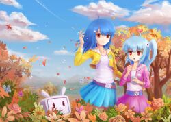  2girls :3 adjusting_hair ahoge aqua_hair autumn autumn_leaves bili_girl_22 bili_girl_33 bilibili blowing_bubbles blue_hair cloud contrail day flower hair_ornament highres leaf mascot mountain multiple_girls one_side_up open_mouth photoshop_(medium) red_eyes siblings sisters skirt sky television tree wind wudi_de_pangxie xiao_dianshi 