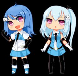  2girls ahoge aqua_hair armband bare_shoulders bili_girl_22 bili_girl_33 bilibili black_legwear blue_hair chibi elbow_gloves gloves hair_ornament hand_on_own_hip he_ji_(ryou) lowres multiple_girls necktie no_nose one_side_up open_mouth pantyhose pink_eyes red_eyes siblings sisters thighhighs 