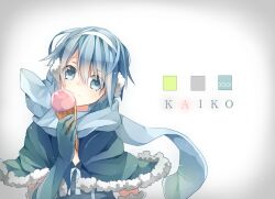  blue_eyes blue_hair commentary female food genderswap_(mtf) hanagata ice_cream kaiko rule_63 scarf short_hair smile solo symbol-only_commentary vocaloid 