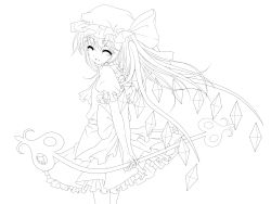  back_bow bad_id bad_pixiv_id bow closed_eyes cowboy_shot facing_to_the_side facing_viewer female flandre_scarlet frilled_skirt frills from_side greyscale hat hat_ribbon highres holding kikugetsu laevatein_(touhou) line_art long_hair mob_cap monochrome puffy_short_sleeves puffy_sleeves ribbon ribbon-trimmed_headwear ribbon_trim shirt short_sleeves skirt smile solo touhou vest wings 