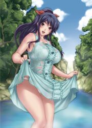  bare_legs blue_hair bra breasts clothes_lift commentary_request dress dress_lift female hair_ribbon highres kill_time_communication large_breasts lingerie long_hair open_mouth panties ponytail purple_eyes ribbon rokko see-through smile solo underwear wet wet_clothes 