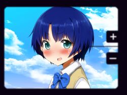  ano_natsu_de_matteru bad_id bad_pixiv_id blue_eyes blue_hair blush bow cloud day female masamuuu open_mouth photoshop_(medium) school_uniform short_hair sky solo sweatdrop tanigawa_kanna upper_body 