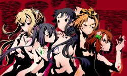  5girls akiyama_mio black_eyes black_hair blonde_hair blue_eyes blush brown_eyes brown_hair commentary_request flower hair_flower hair_ornament hair_over_breasts hairband hirasawa_yui k-on! kotobuki_tsumugi long_hair multiple_girls nakano_azusa nude profile shinama short_hair tainaka_ritsu twintails 