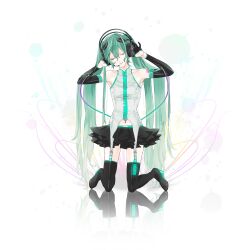  aqua_hair bare_shoulders binary closed_eyes commentary_request detached_sleeves female garter_straps gloves hatsune_miku headphones highres kmgk kneeling listening_to_music long_hair skirt smile solo thighhighs twintails vocaloid zettai_ryouiki 