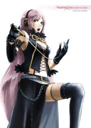  belt blue_eyes boots bracelet chains commentary_request fangs female fishnets gloves hagane_luka hagane_vocaloid jewelry long_hair looking_at_viewer megurine_luka momopanda open_mouth pink_hair simple_background skirt solo spiked_bracelet spikes studded_belt thigh_boots thighhighs very_long_hair vocaloid whip 