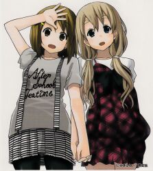  2girls :d arm_up black_pantyhose blonde_hair blue_eyes brown_eyes brown_hair clothes_writing grey_background hair_ornament hair_tie hairclip hand_on_forehead hirasawa_yui holding_hands interlocked_fingers k-on! kakifly kotobuki_tsumugi looking_at_viewer low_twintails multiple_girls official_art open_mouth pantyhose pleated_skirt short_hair short_sleeves simple_background skirt smile striped_clothes striped_skirt suspender_skirt suspenders tareme thick_eyebrows twintails 