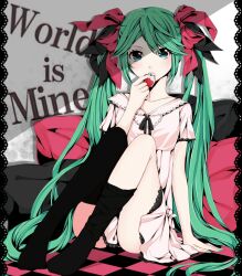  arm_support asymmetrical_clothes checkered_floor commentary_request cushion dress female green_eyes green_hair hair_ribbon hatsune_miku hiro_satochi long_hair nail_polish ribbon sitting socks solo thighhighs twintails very_long_hair vocaloid world_is_mine_(vocaloid) 