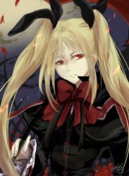  arc_system_works blazblue blonde_hair bow dress female flower long_hair nago night rachel_alucard red_eyes rose roses serious solo twintails umbrella vampire very_long_hair 