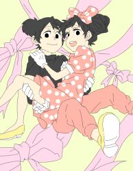  1boy animification black_hair bow carrying commentary_request couple disney double_bun female gloves hair_bun hairbow koyajyun mickey_mouse minnie_mouse personification polka_dot princess_carry straight white_gloves 