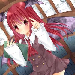  ascot bad_id bad_pixiv_id bat_wings book bookshelf dress_shirt dutch_angle female head_wings highres koakuma light_smile long_hair pleated_skirt red_eyes red_hair saijou_haruki shirt skirt skirt_set solo touhou vest wings 