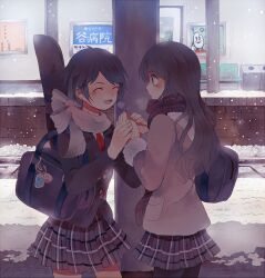  2girls bad_id bad_pixiv_id bag bench black_hair black_legwear blazer blush breath brown_eyes brown_hair buttons charm_(object) coat drawing_(object) gyoe holding_hands jacket long_hair looking_at_another multiple_girls necktie open_mouth original pantyhose plaid plaid_skirt pocket pole scarf school_bag school_uniform short_hair shoulder_bag skirt smile snow standing trash_can winter_clothes winter_coat 