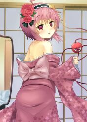  back bad_id bad_pixiv_id bare_shoulders blush eyeball female floral_print flower from_behind furisode hair_flower hair_ornament hairband heart highres japanese_clothes kimono komeiji_satori looking_back mirror obi off_shoulder pink_eyes pink_flower pink_hair pink_kimono pink_rose rasahan rose sash short_hair shouji sleeves_past_wrists sliding_doors solo third_eye touhou 