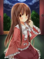  bad_id bad_pixiv_id blush bow brown_eyes brown_hair female houraisan_kaguya long_hair looking_at_viewer night night_sky saijou_haruki seiza sitting sky sleeves_past_wrists sliding_doors solo touhou 