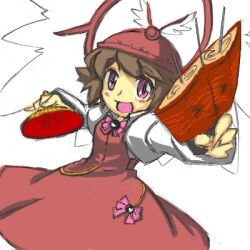  :d alternate_hair_color bad_id bad_pixiv_id blush_stickers brown_hair cap105 dress eel female fish fish_(food) food foreshortening grilled_eel hand_fan hat holding kabayaki lamprey lowres mystia_lorelei open_mouth paper_fan pink_eyes short_hair smile solo touhou translated uchiwa wings 