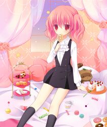  aono_ribbon blush cake candy checkerboard_cookie commentary_request cookie doughnut female food fruit inu_x_boku_ss lollipop macaron photoshop_(medium) pink_eyes pink_hair roromiya_karuta sitting solo strawberry strawberry_shortcake tiered_tray twintails 