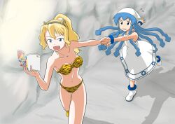  2girls bikini blonde_hair blue_eyes blue_hair book cindy_campbell commentary_request cosplay dragging dress hat horns ikamusume long_hair lum lum_(cosplay) manga_(object) multiple_girls oni ponytail shinryaku!_ikamusume swimsuit tentacle_hair urusei_yatsura willysmc 