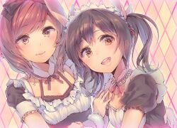  2girls animal_ears arm_around_back black_hair brown_eyes brown_hair commentary_request dsmile frills looking_at_viewer looking_to_the_side love_live! love_live!_school_idol_project maid maid_headdress mogyutto_&quot;love&quot;_de_sekkin_chuu! multiple_girls neck_ribbon nishikino_maki open_mouth photoshop_(medium) purple_eyes rabbit_ears red_eyes red_hair ribbon short_sleeves smile swept_bangs twintails upper_body waitress yazawa_nico 