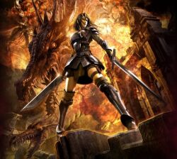  armor cassandra_pentaghast dragon dragon_age dragon_age_2 dual_wielding epic female fire from_below long_hair lowres sword thigh_strap weapon 