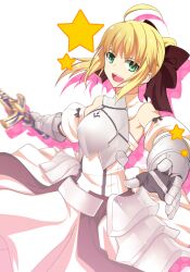  ahoge armor armored_dress artoria_pendragon_(fate) bare_shoulders blonde_hair bow caliburn_(fate) commentary_request dress fate/stay_night fate/unlimited_codes fate_(series) faulds female gauntlets green_eyes hairbow highres open_mouth ponytail saber_lily samuraig solo sword weapon 