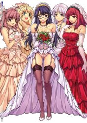  5girls ahoge bare_shoulders black_legwear blonde_hair breasts caroline cleavage dress elbow_gloves eun_ami garter_straps glasses gloves green_eyes ha_ji-soo hae-young_na highres lace lace-trimmed_legwear lace_trim large_breasts long_hair looking_at_viewer multiple_girls park_jae-kyung purple_eyes purple_hair red_dress red_eyes red_hair showgirl_skirt silver_hair smile soo-hyon_lee thighhighs twintails unbalance_unbalance veil wedding_dress white_gloves 