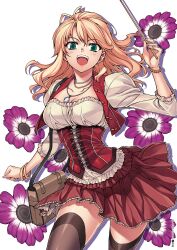  :d bag black_thighhighs blonde_hair breasts caroline cleavage corset female flower frilled_skirt frills green_eyes handbag highres jewelry large_breasts long_hair necklace open_mouth pointer puffy_sleeves skirt smile solo soo-hyon_lee thighhighs unbalance_unbalance wand watch wristwatch 