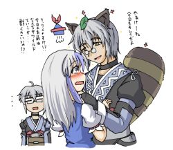  2boys animal_ears commentary_request cosplay female futatsuiwa_mamizou glasses kamishirasawa_keine leaf leaf_on_head morichika_rinnosuke morichika_rinnosuke_(cosplay) multiple_boys raccoon_ears raccoon_tail straight tail touhou translated tsukimi_(ryouiki_ridatsu) wavy_mouth 