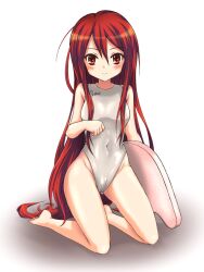  alternate_color asics barefoot brand_name_imitation competition_swimsuit female kickboard kneeling long_hair one-piece_swimsuit red_eyes red_hair shakugan_no_shana shana solo swimsuit uzumi_(uzumi_yosi) 