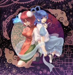  2girls bad_id bad_pixiv_id blue_eyes blue_hair bun_cover double_bun dress fangs flower hair_bun hair_rings holding_hands ibaraki_kasen interlocked_fingers kaku_seiga konbu_ame multiple_girls open_mouth red_eyes red_hair rose shawl short_hair skirt touhou vest 