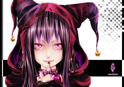  absurdres bad_id bad_pixiv_id bell bouno_satoshi choker english_text female finger_to_mouth hat highres jester_cap jewelry jingle_bell lips long_hair looking_at_viewer nail_polish original personification portrait ring skull solo 