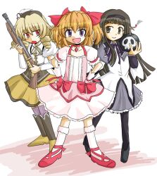  3girls akemi_homura akemi_homura_(cosplay) akemi_homura_(magical_girl) black_eyes black_hair blonde_hair bomb brown_hair commentary_request cosplay dress drill_hair explosive full_body gloves gun hair_ribbon hairband hat ishidate kaname_madoka kaname_madoka_(cosplay) kaname_madoka_(magical_girl) long_hair luna_child magical_girl mahou_shoujo_madoka_magica mahou_shoujo_madoka_magica_(anime) multiple_girls no_wings oerba_yun_fang purple_eyes red_eyes ribbon short_hair skirt skull smile star_sapphire sunny_milk thighhighs tomoe_mami tomoe_mami_(cosplay) tomoe_mami_(magical_girl) touhou twintails weapon 