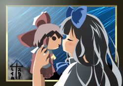  :x ai_ai_gasa arms_up black_hair bow character_doll closed_eyes commentary_request female flat_color hair_tubes hairbow hakurei_reimu holding imminent_kiss kaihimo123 long_hair profile rain solo star_sapphire touhou very_long_hair window 