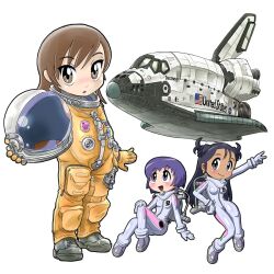  3girls :o astronaut bodysuit brown_eyes brown_hair chibi commentary_request earrings hand_on_own_hip helmet holding holding_helmet jewelry kiichi miura_akane_(rocket_girls) morita_matsuri morita_yukari multiple_girls no_nose pilot_suit purple_eyes purple_hair rocket_girls simple_background smile space_helmet space_shuttle spacecraft spacesuit unworn_headwear unworn_helmet v white_background white_bodysuit 