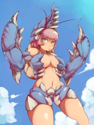  antennae armor bad_id bad_pixiv_id blush_stickers breasts cloud day female green_eyes large_breasts lobster lobster_girl monster_girl monster_hunter_(series) navel outdoors pincers pink_hair shogun_ceanataur short_hair sky solo standing zako_(arvinry) 